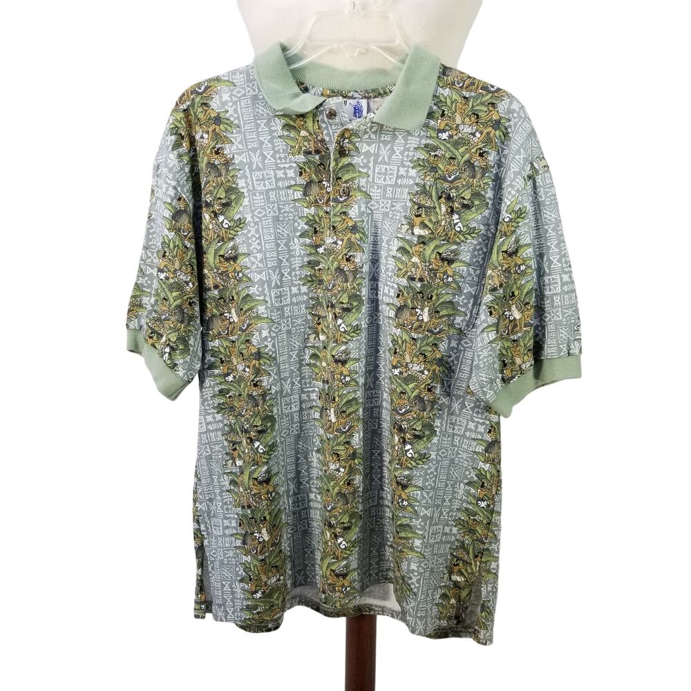 Iolani Green Gray Vintage Hawaii USA Made Luau Scenes Men's Polo Shirt Medium